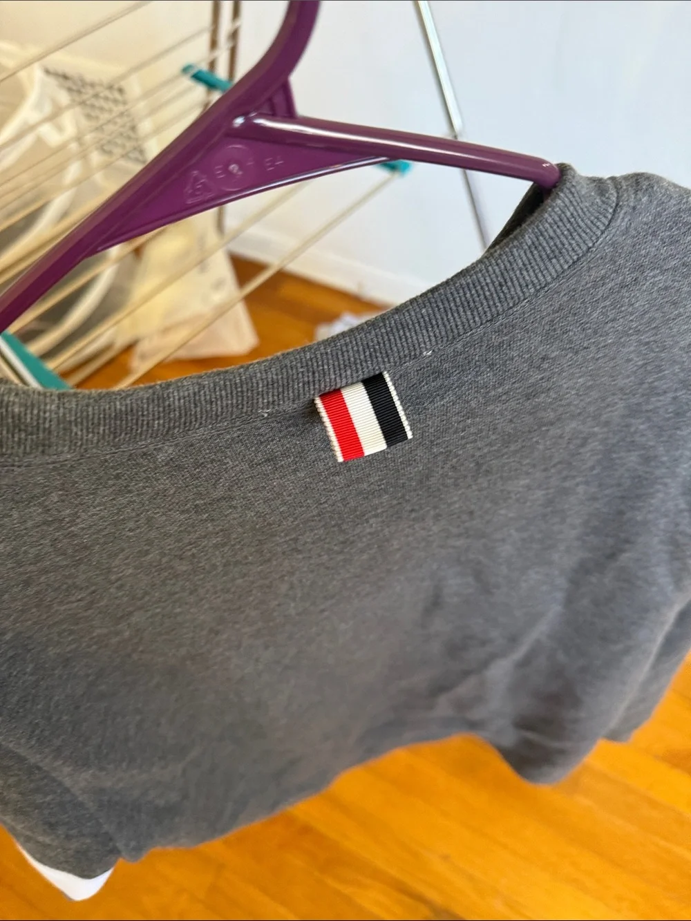 Thom Browne Charcoal Gray Crewneck Sweatshirt with White Sleeve Stripes